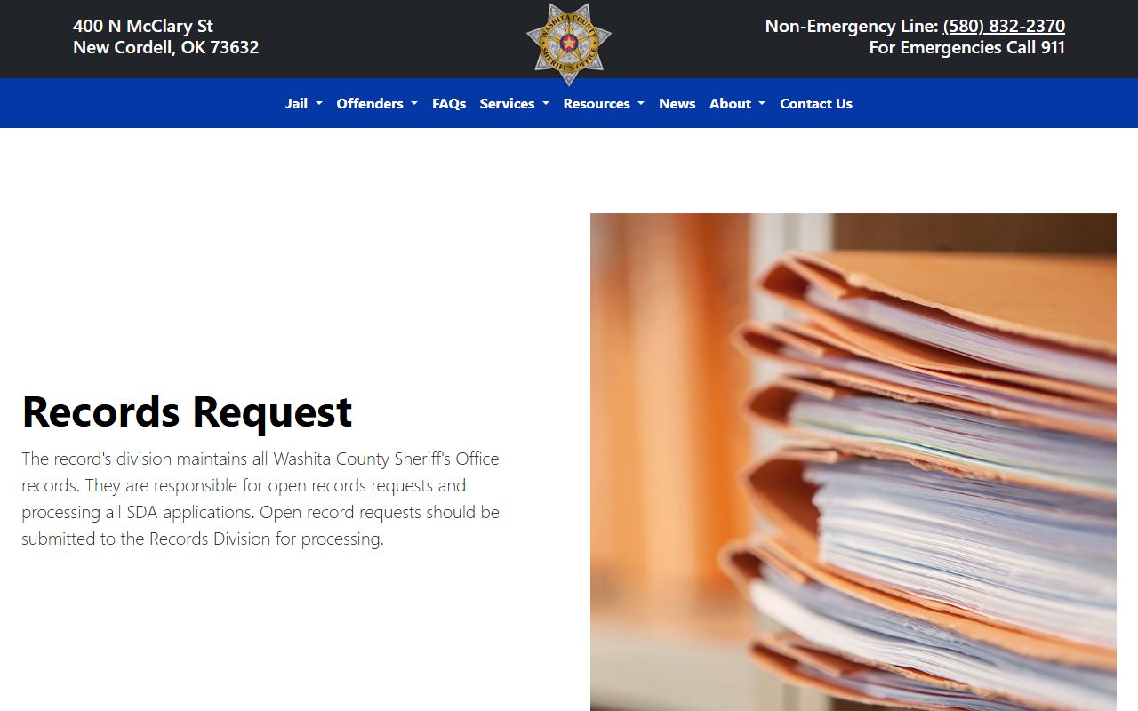 Washita County Sheriff records request page for arrest records and booking files