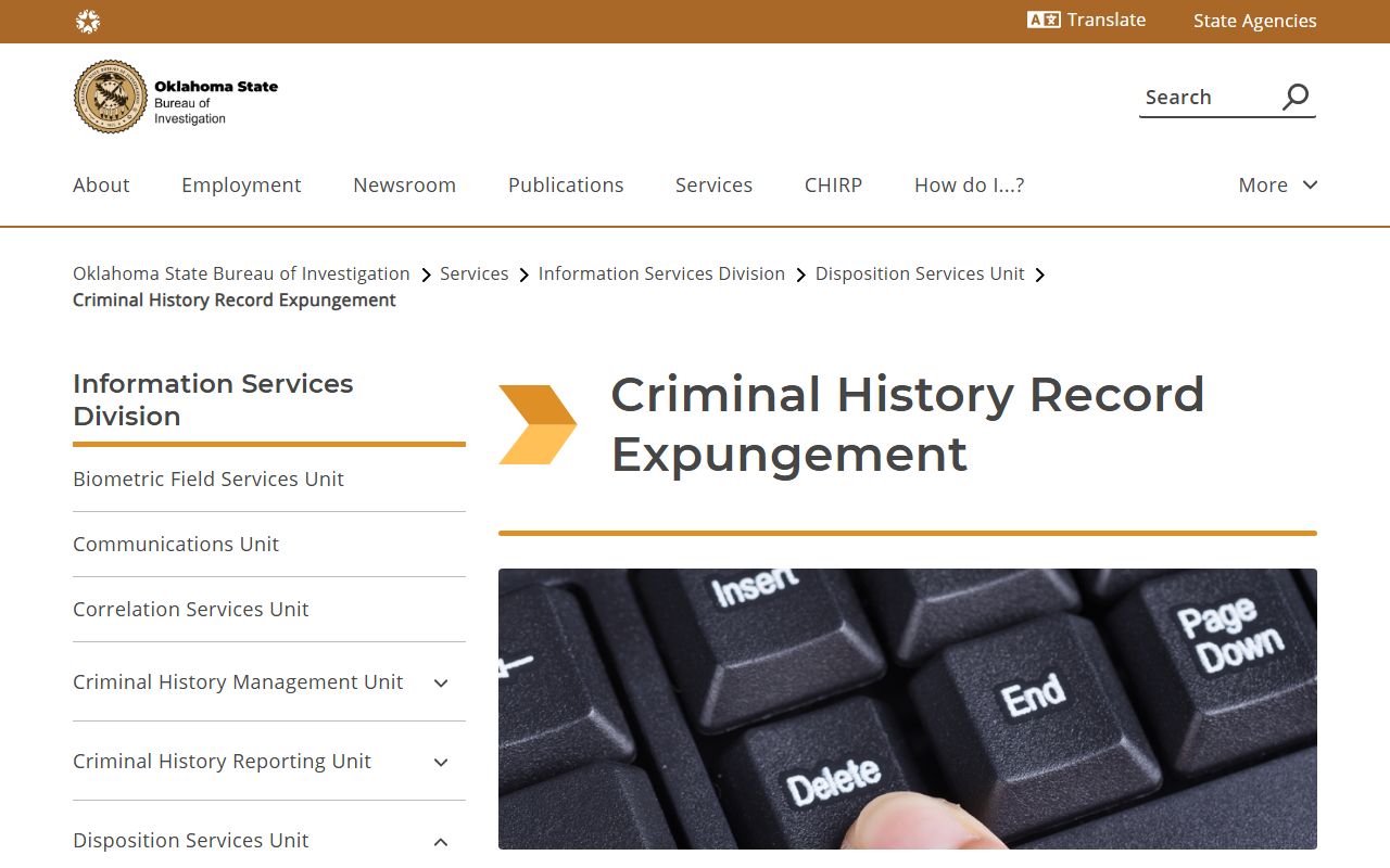OSBI expungement page for sealing Washita County court records