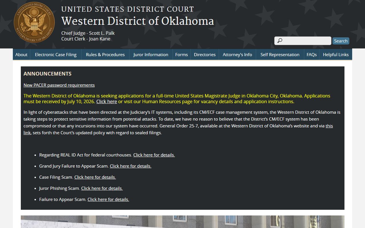 U.S. District Court Western District of Oklahoma site covering Washita County District Court federal cases