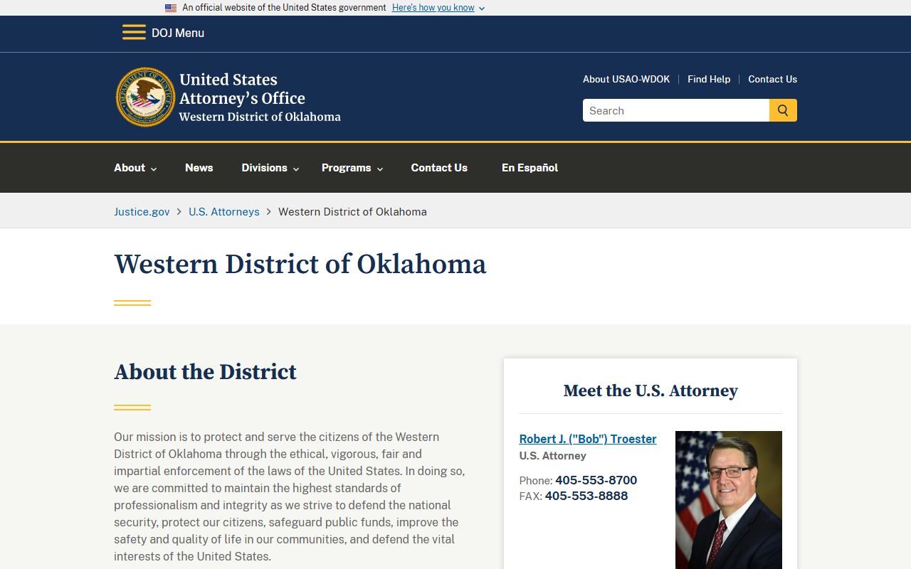 U.S. Attorney Western District of Oklahoma office handling federal cases from Washita County