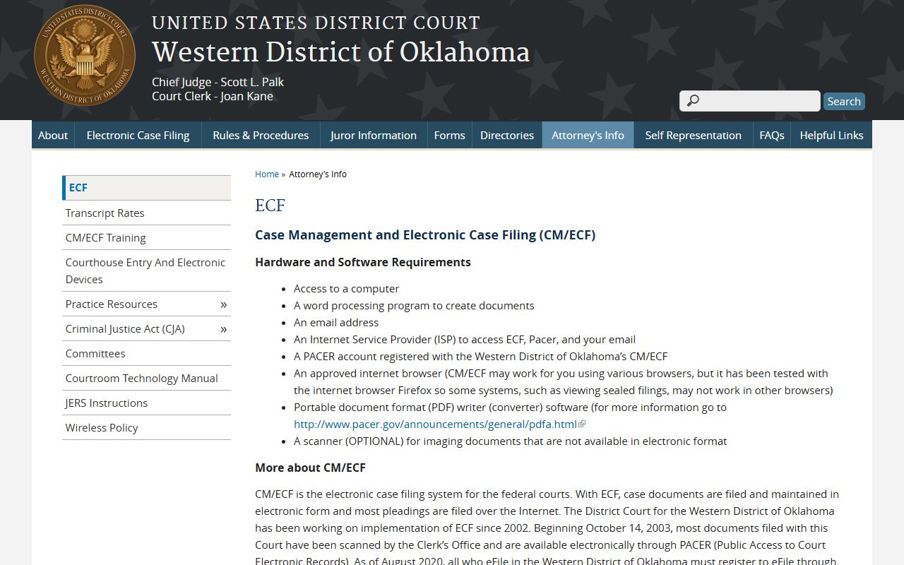 Western District of Oklahoma CM/ECF filing system for Washita County District Court federal records