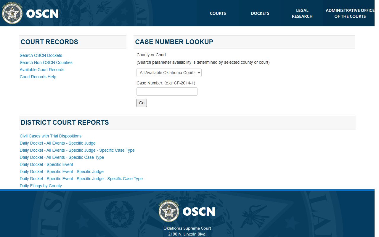 Washita County court records OSCN docket search page