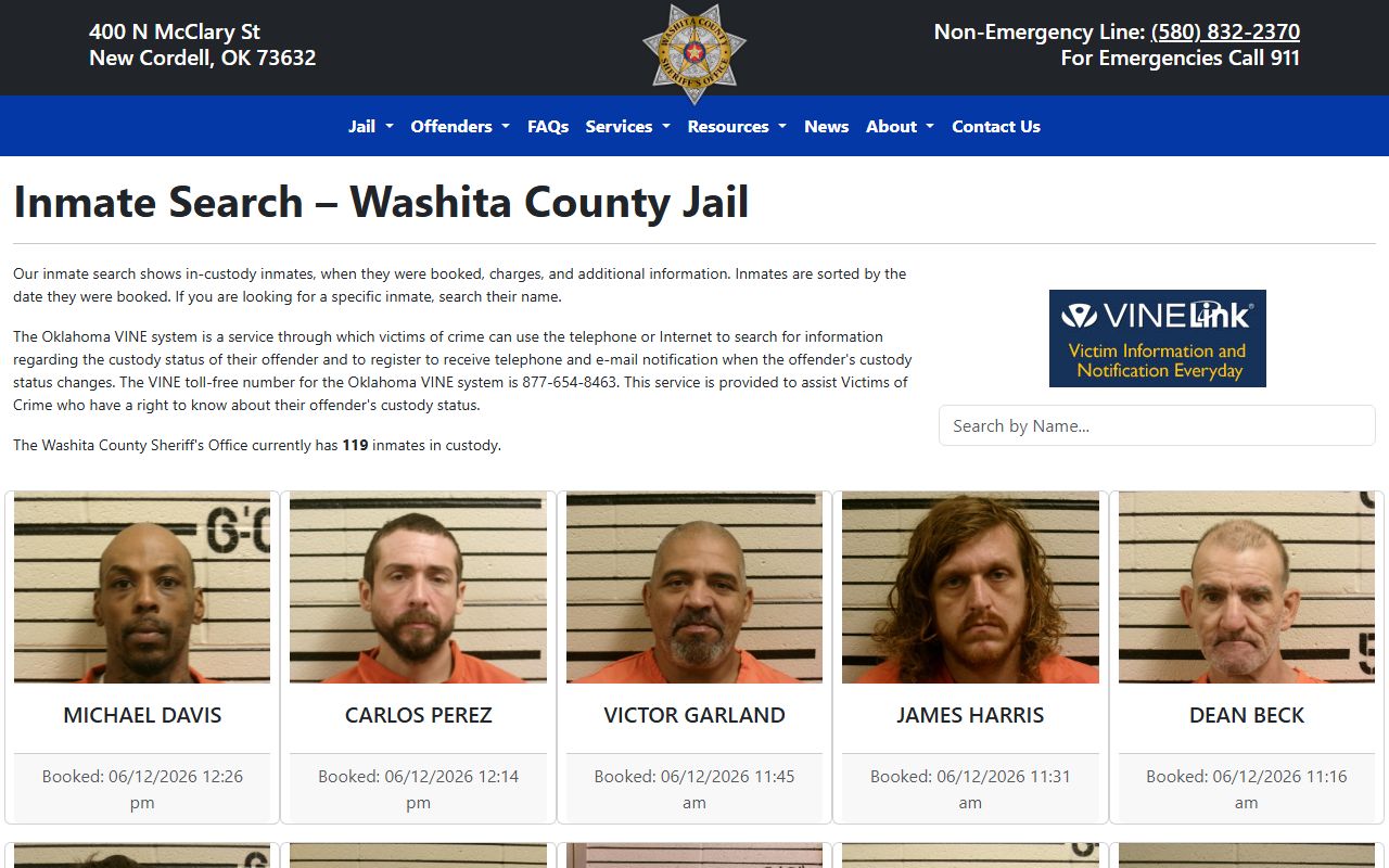 Washita County official inmate search page listing in-custody jail inmates by booking date