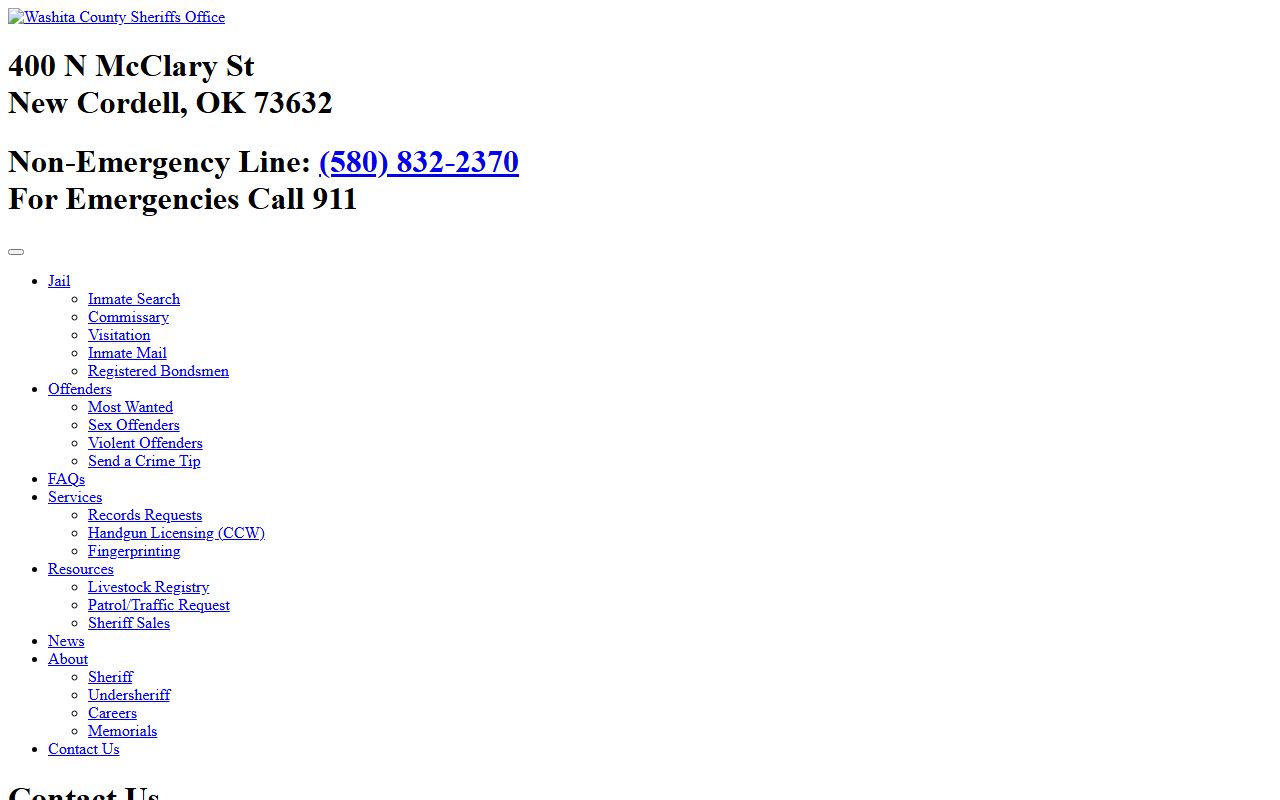 Washita County Sheriff's Office and jail contact page with phone numbers and office hours