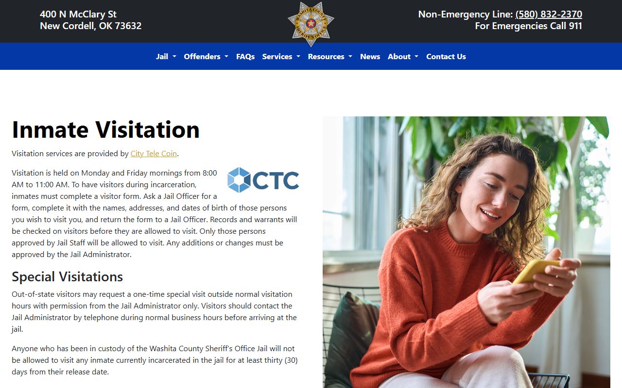 Washita County jail visitation schedule and visitor approval rules page