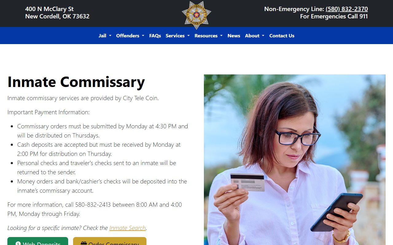Washita County jail commissary order and deposit rules page