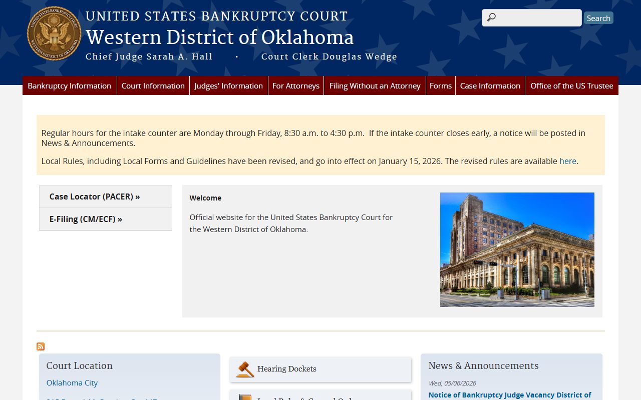 Washita County probate records guide showing the U.S. Bankruptcy Court Western District of Oklahoma site for federal cases