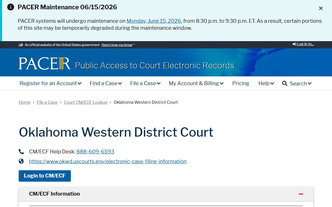 Washita County federal traffic matters PACER court lookup for the Western District of Oklahoma