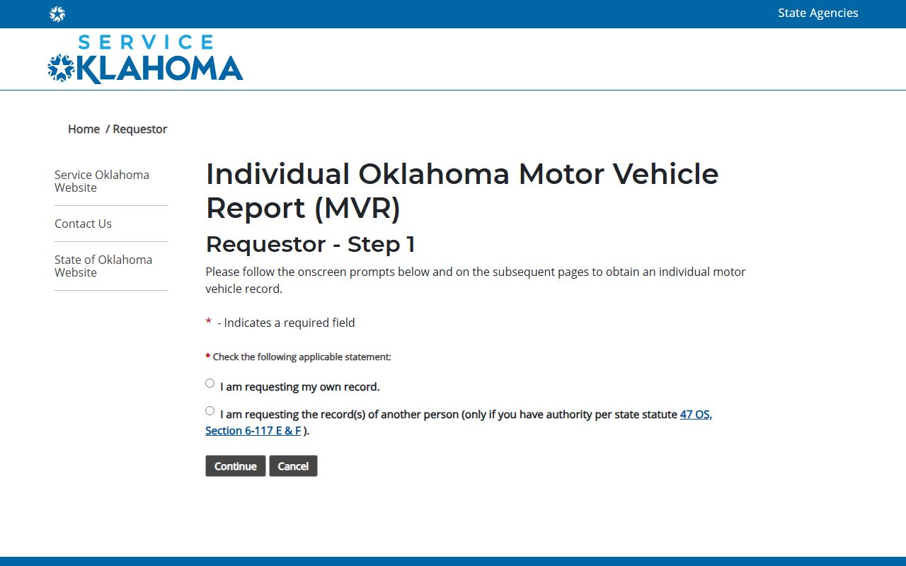 Washita County traffic driver record request start screen on the Oklahoma MVR portal
