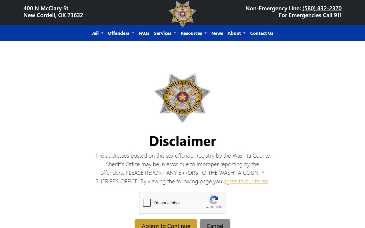 Washita County Sheriff's Office warrant and most-wanted disclaimer page