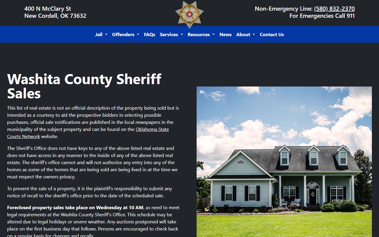 Washita County sheriff sales page with court-clerk payment rules tied to warrant and bond matters