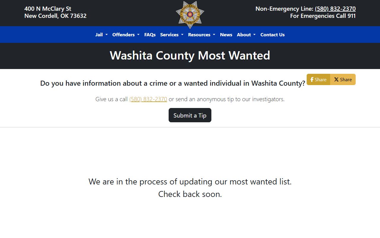 Washita County most-wanted page listing wanted persons and warrant details