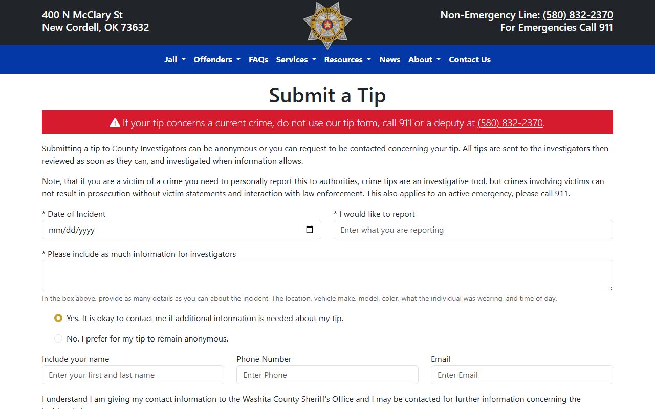 Washita County Sheriff's Office crime-tip form used to report warrant and wanted-person information